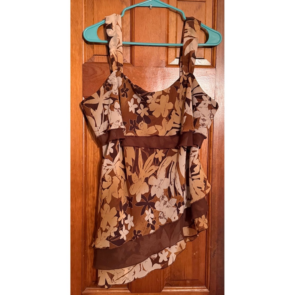 New York City Design Co Woman Brown Floral Ruffle Asymmetrical Tank Top 1X